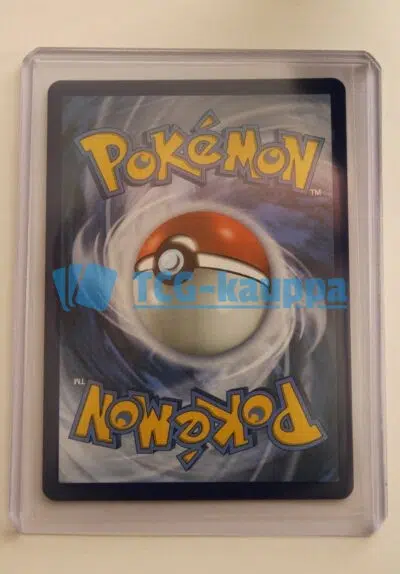 Pokémon-kortti toploaderissa sleevattuna kuvattuna takaa